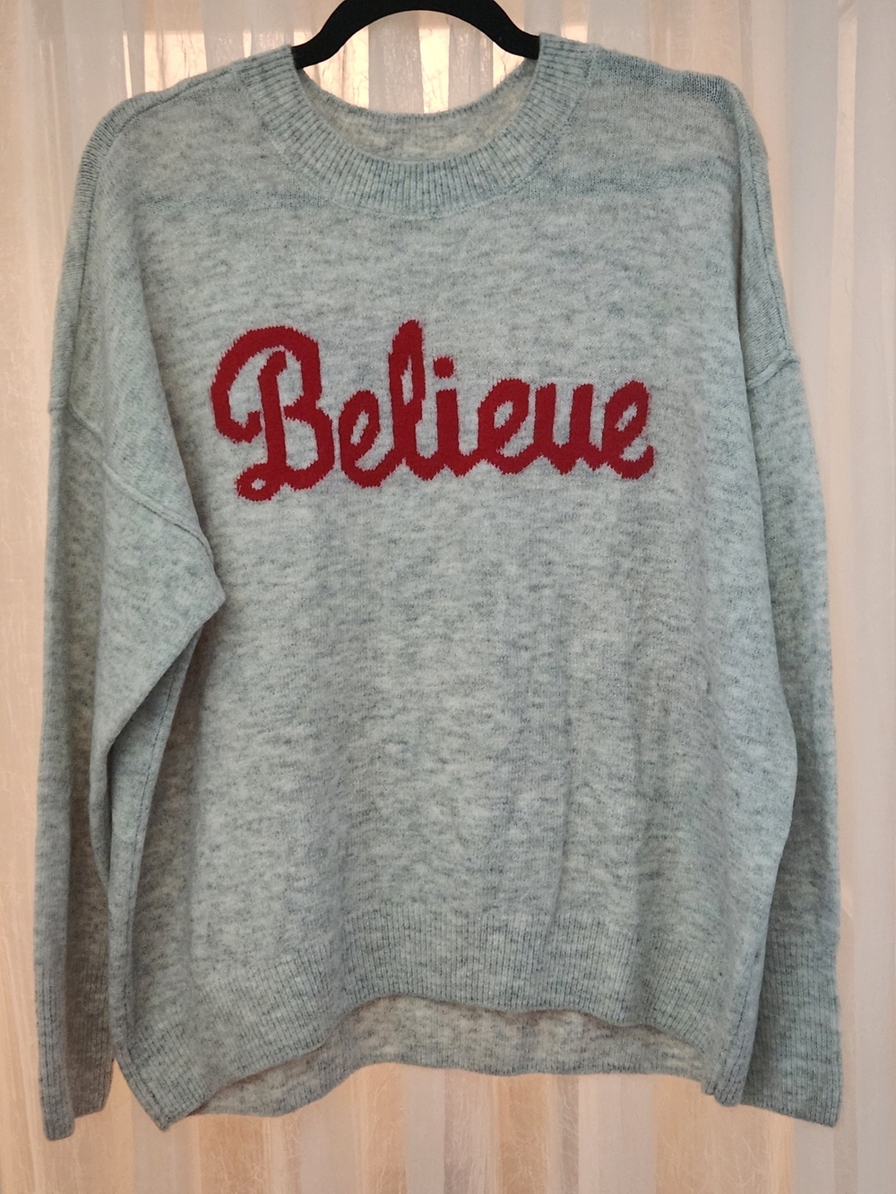 Crewneck Sweater with 'Believe' Script - Light Heather Gray with Red